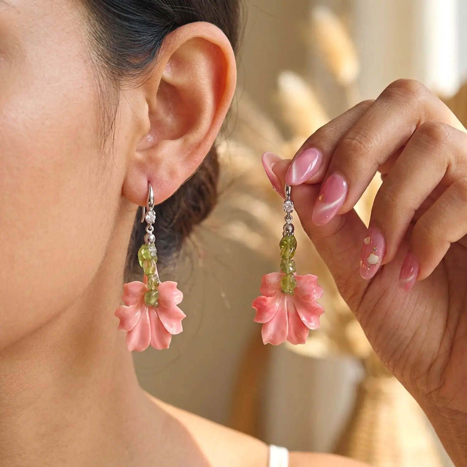 Olive Green Natural Stone Pink Flower Splicing Necklace Bracelet Ear Hook Set Bohemia Style Jewelry Set Accessories for Women