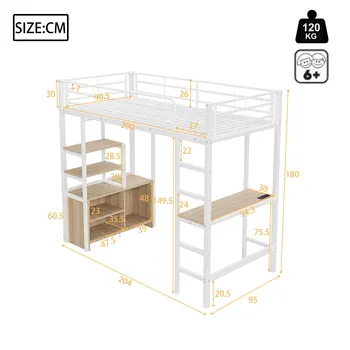 2024 Bunk bed with desk, with power outlet and USB, several shelves, locker, ladder, iron rack, 90*200cm no mattress