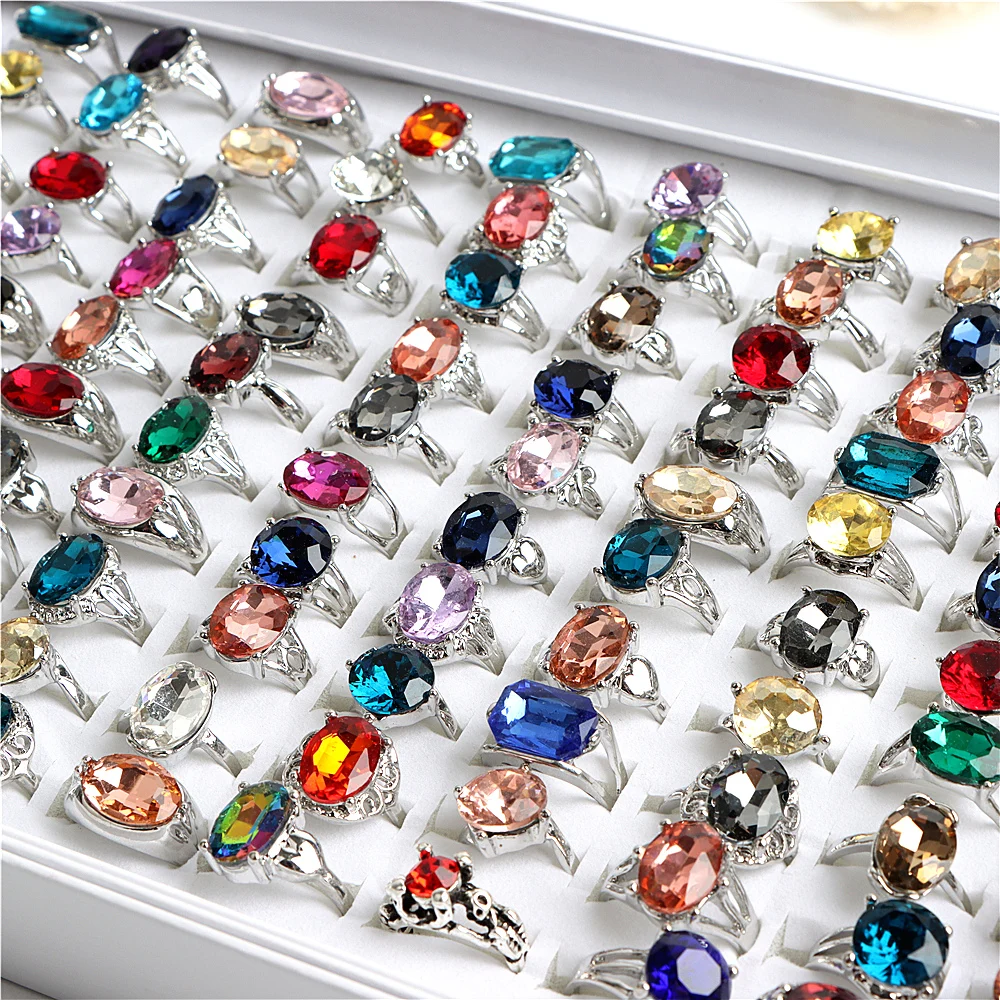 Wholesale 20/30/36/50/100Pcs/lot Fashion Glass Crystal Imitation Gemstone Rings For Women Mix Color Geometric Jewelry Party Gift