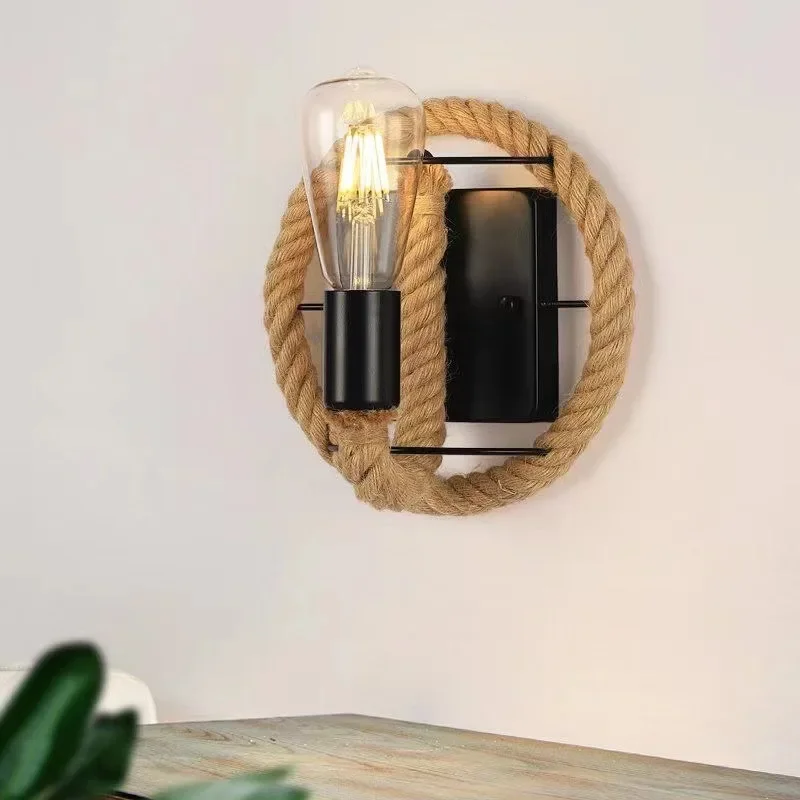 Bedside Bedroom Decorative Wall Lamp Retro Staircase Hallway Iron Hemp Rope Lamp American Industrial Style Sconce Lamp