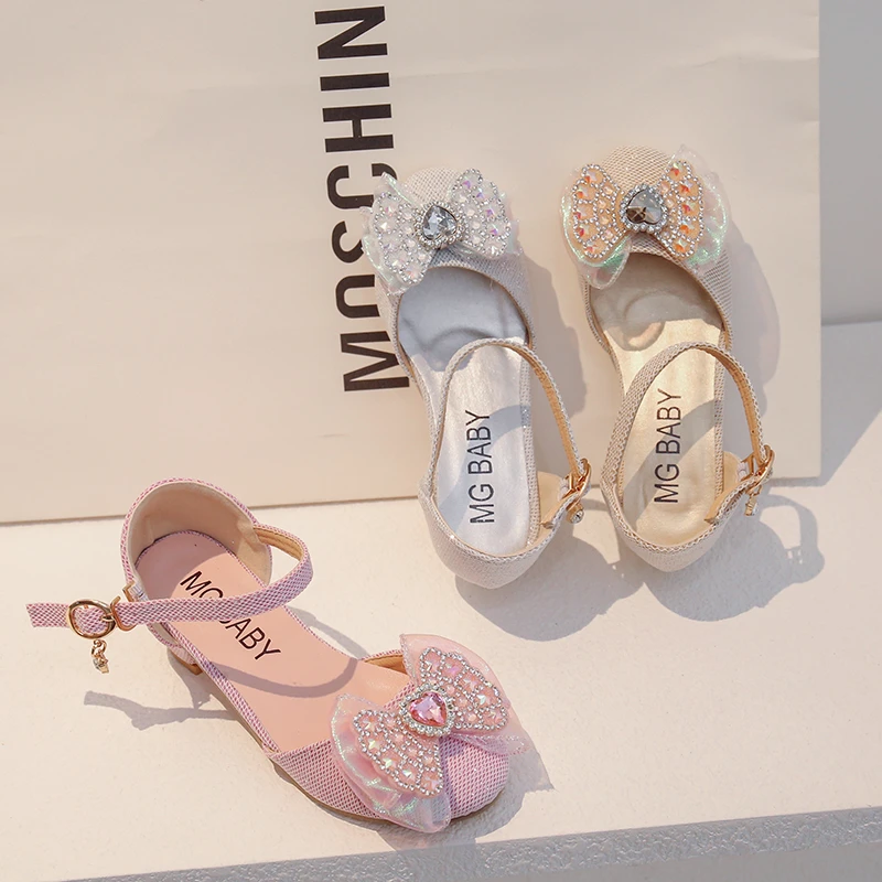 Children's Shoes Princess Shoes Fashion High Heel Bow Girls Crystal Shoes 2-15 Years Silver Hundred Kids Leather Shoes Sandals