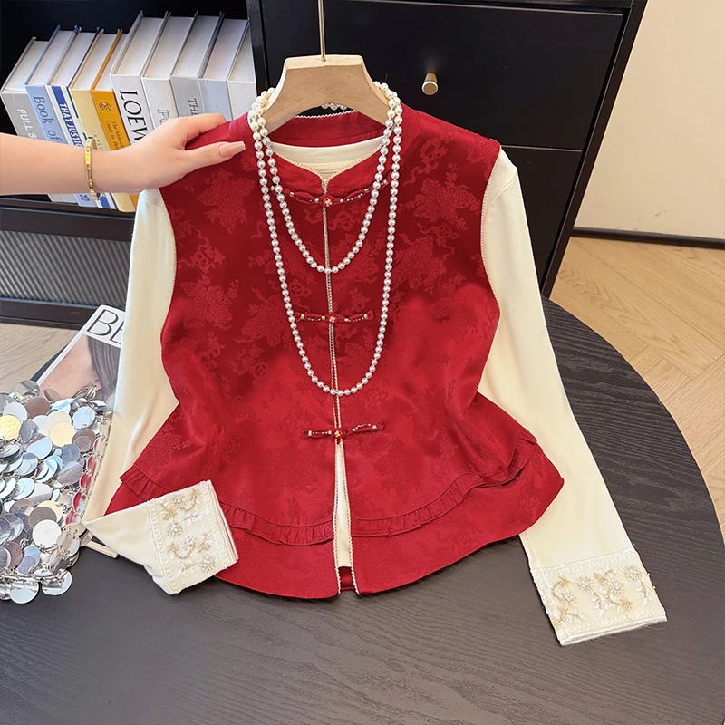 Red Embroidered Buttonless Women's Shirt Sleeveless Top Outerwear Chinese Style National Trend New Autumn Clothes Vest Top