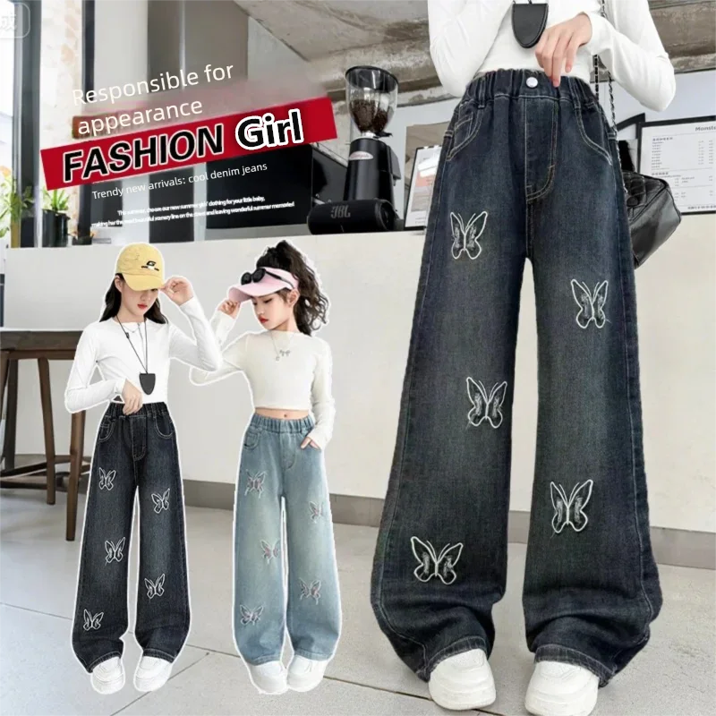 

Spring Autumn Fashion Girl 4 to 14 Year Ripped Jeans with Butterfly Design Trousers Kids Children Relaxed Fit Casual Denim Pants