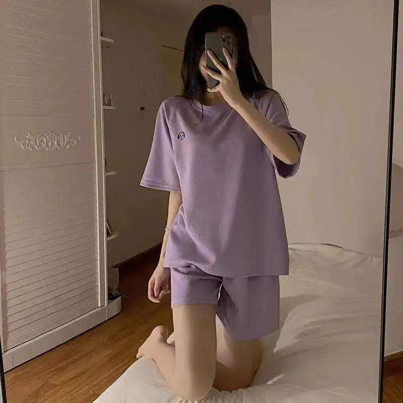 Pajamas Sets Short Sleeve Shorts Suit Summer Thin Women'S Ice Silk Cozy Pajama Round Neck No Trace Casual Home Clothing