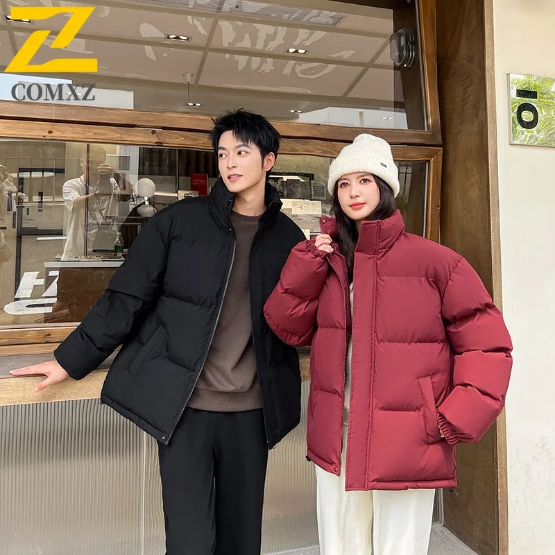 COMXZ 2025 Winter Mens Loose Fit Stand Collar Solid Color Puffer Jacket Short Warm Coat Casual Outwear  lightweight windbreaker