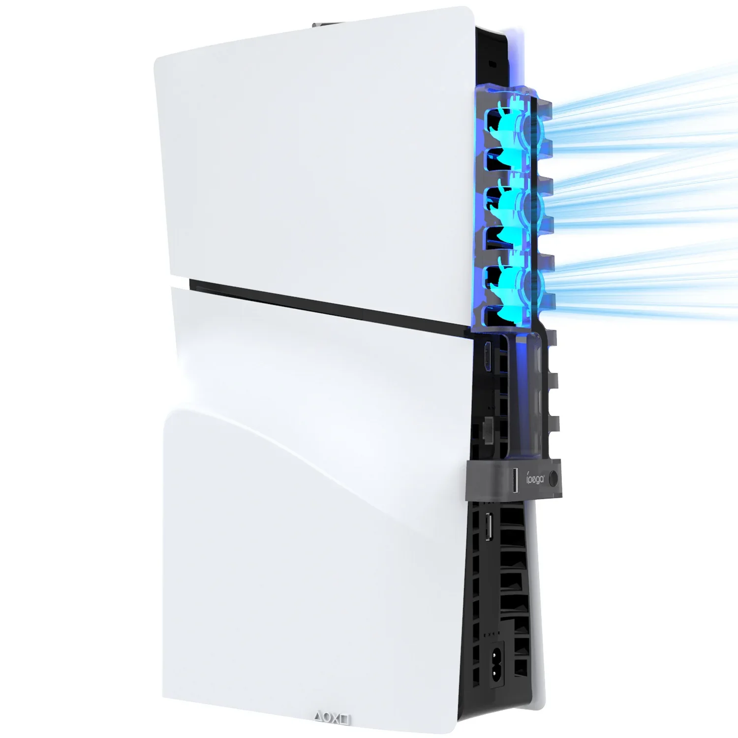 IPEA พัดลมระบายความร้อนสำหรับโฮสต์ PS5Slim พร้อมพัดลมด้านหลังสำหรับ PS5พัดลมระบายความร้อนโฮสต์แบบบางพร้อมเอฟเฟกต์แสงสีฟ้า2.0การตั้งค่าความเร็ว3ระดับ