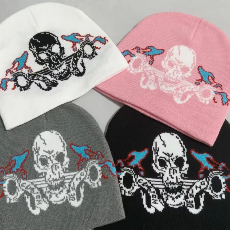 Unisex Gothic Jacquard Knit Beanie Hat Punk Rock Skull Pattern Skullcap Soft Warm Winter Toque for Men Women Street Party Wear