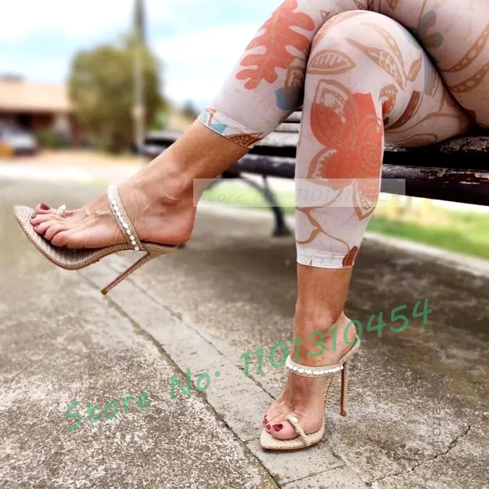 

Wrap Toe Woven Fabric Mules Women Fashion White Spiral Shell Design High Heels Shoes Ladies Summer Sexy Toe Straps Slippers