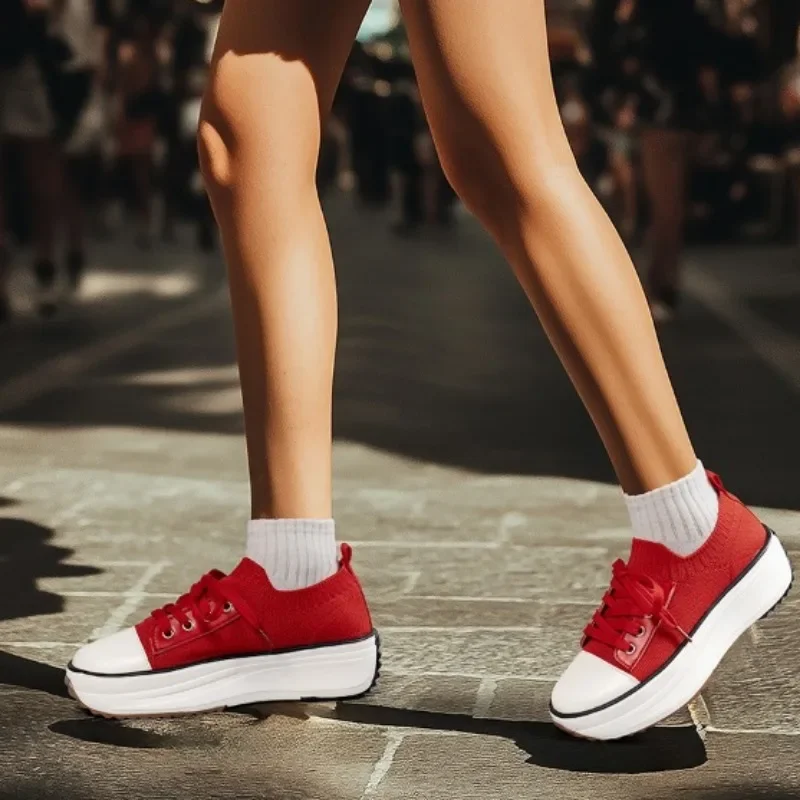 Ladies Shoes 2024 High Quality Lace-up Women's Vulcanize Shoes Fashion Color Matching Hot Sale Round Head Breathable Sneakers