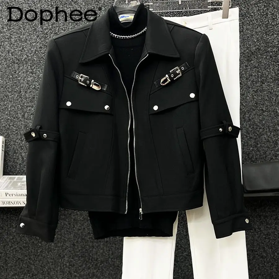 

American High Street Metal Zipper Personality Design Short Jacket Autumn New Fashion Trend Loose Turn-Down Collar Coat for Men
