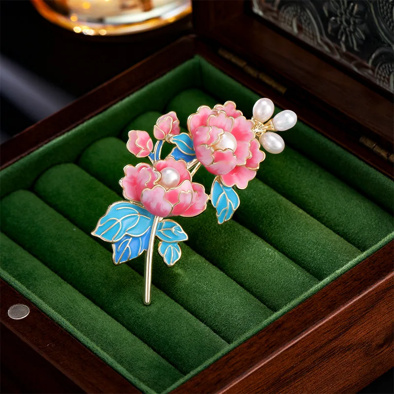 Rinhoo Imitation Perle Blau Pfingstrose Blume Brosche Für Frauen Luxus Perle Floral Pins Pflanze Emaille Abzeichen Elegante Dame Schmuck Geschenk – Detail 2