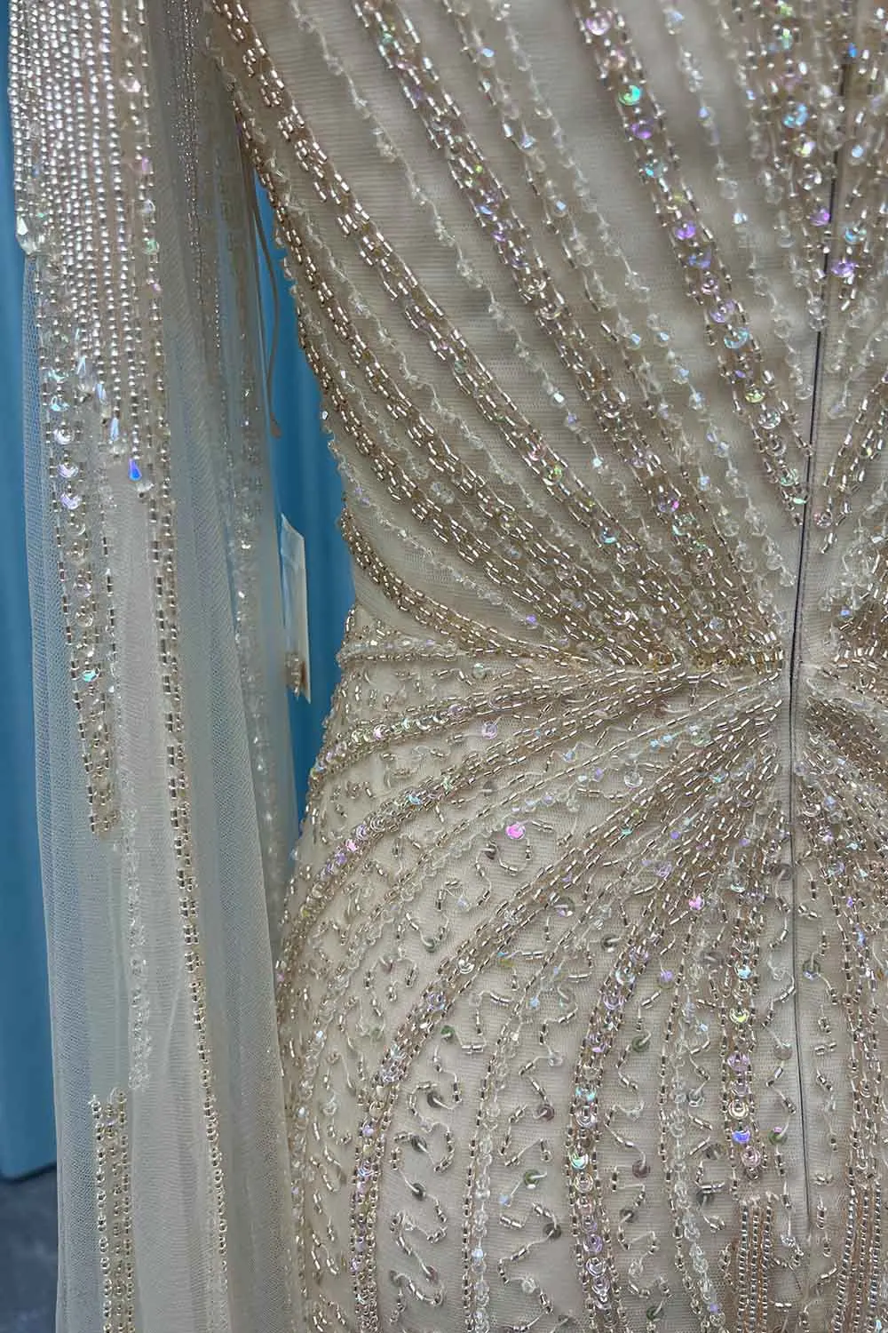 YQLNNE 061 vestidos de noche de sirena con cuentas de cristales champán mangas largas vestido de fiesta de noche de desfile de tul