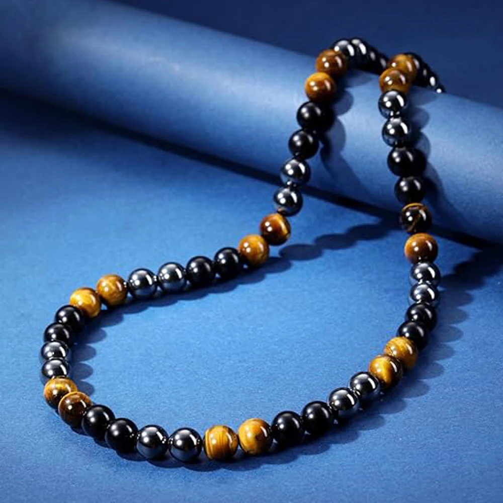 Mens Healing Crystal Black Obsidian Tigers Eye Hematite Natural Stone Beaded Necklace Triple Protection Jewelry Gifts for Men