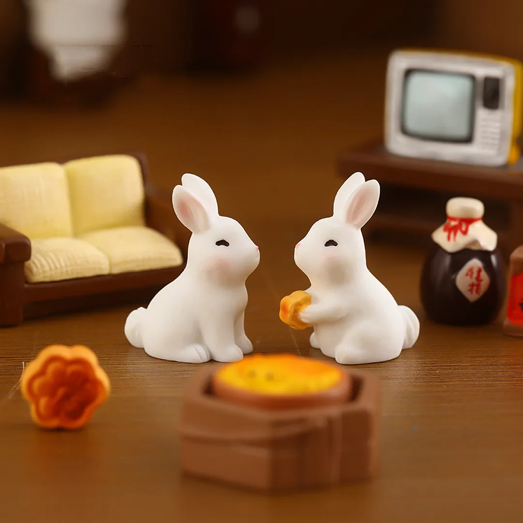 Figurines Miniature Mid-Autumn Festival Rabbit Mooncake Resin Micro Landscape Ornaments For Home Decorations Cute Room Decor