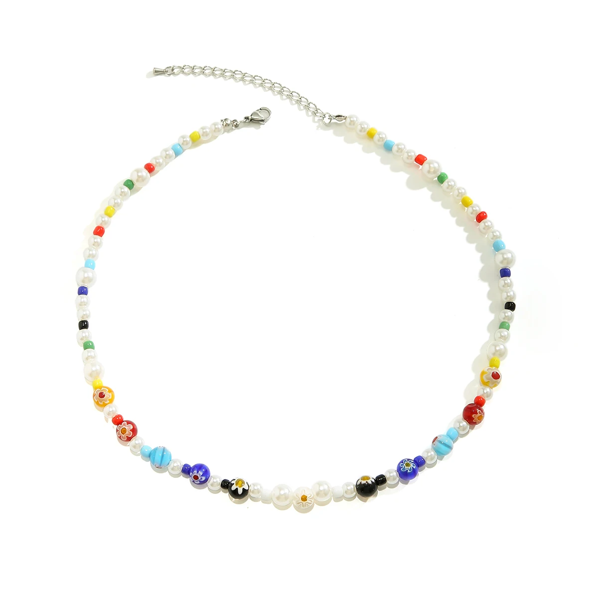 Salircon Trend Y2K Colorful Flower Pattern Acrylic Bead Necklace Charm Imitation Pearl Seed Bead Chain Choker Men Casual Jewelry