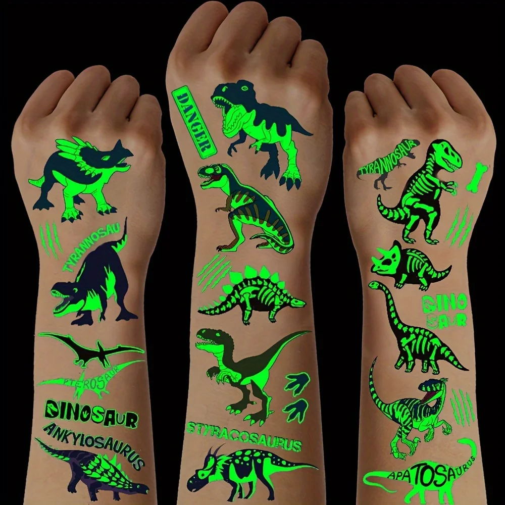 10 hojas De tatuajes temporales De dinosaurios luminosos, impermeables que brillan en la oscuridad, pterosaurio T-Rex Velociraptor Triceratops Stegosaur De