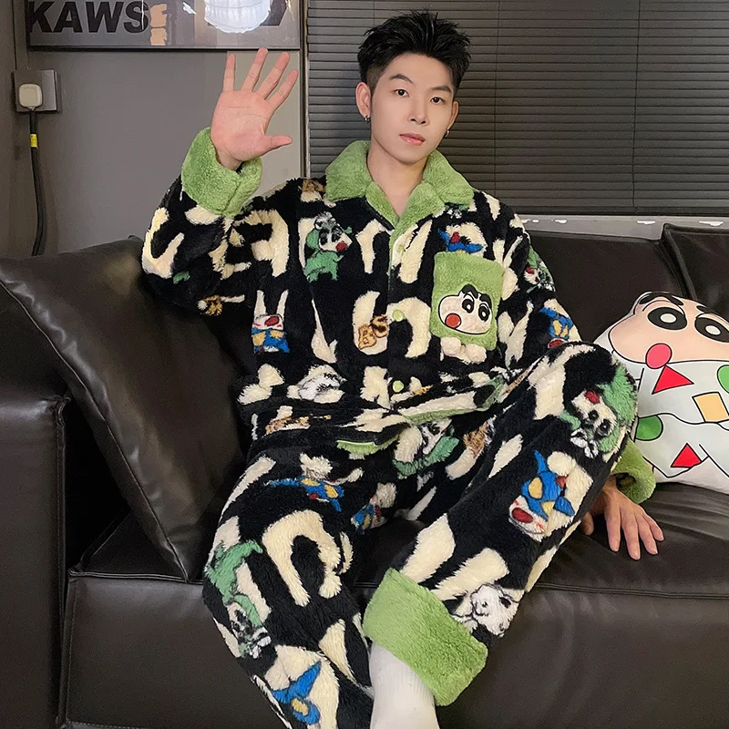 Crayon Shin-chan Pajamas Set Winter Women Men Solid Warm 2PCS Thicken Velvet Fleece Set Couple Casual Pajama Sets Home Suit Gift