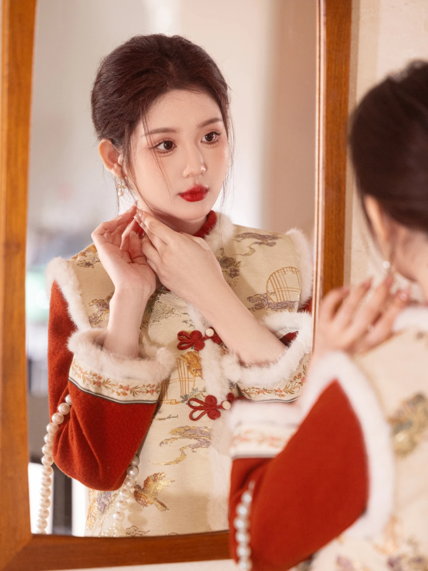 

Red Dr Set New Year Women's Wear Traditional Chinese Sle Reformed Long Qipao Warm Flared Sve Long Gown