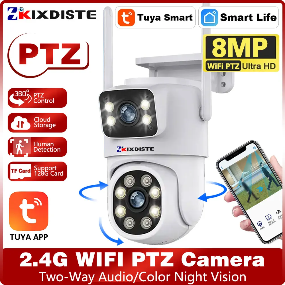 

Tuya 4K 8MP PTZ Wifi Security Camera Dual Lens with Dual Screen Ai Auto Tracking Wireless CCTV Surveillance Camera Smart Life