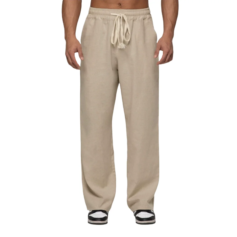 Summer men's style cotton and linen straight, breathable and loose casual pants, solid color elastic waist drawstring sweatpants