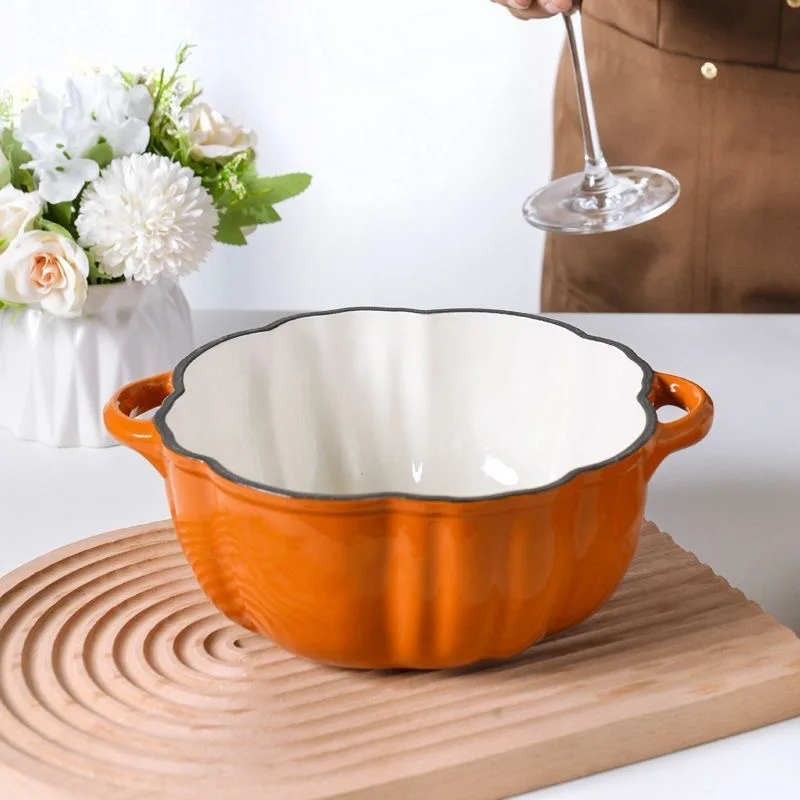 Enamel Coated Cast Iron Pumpkin Pot  Non-Stick Casserole Compatible with All Heat Sources