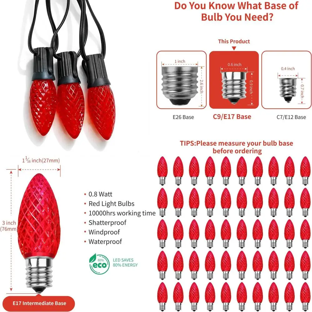 

Набор из 50 ударопрочных светодиодных гирлянд C9, цоколь E17, красные, для использования в помещении и на улице