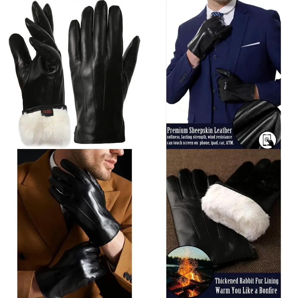 

Men's Warm Rabbit Fur Leather Gloves for Touchscreen, Texting, and Driving with Long-Wearing Durability