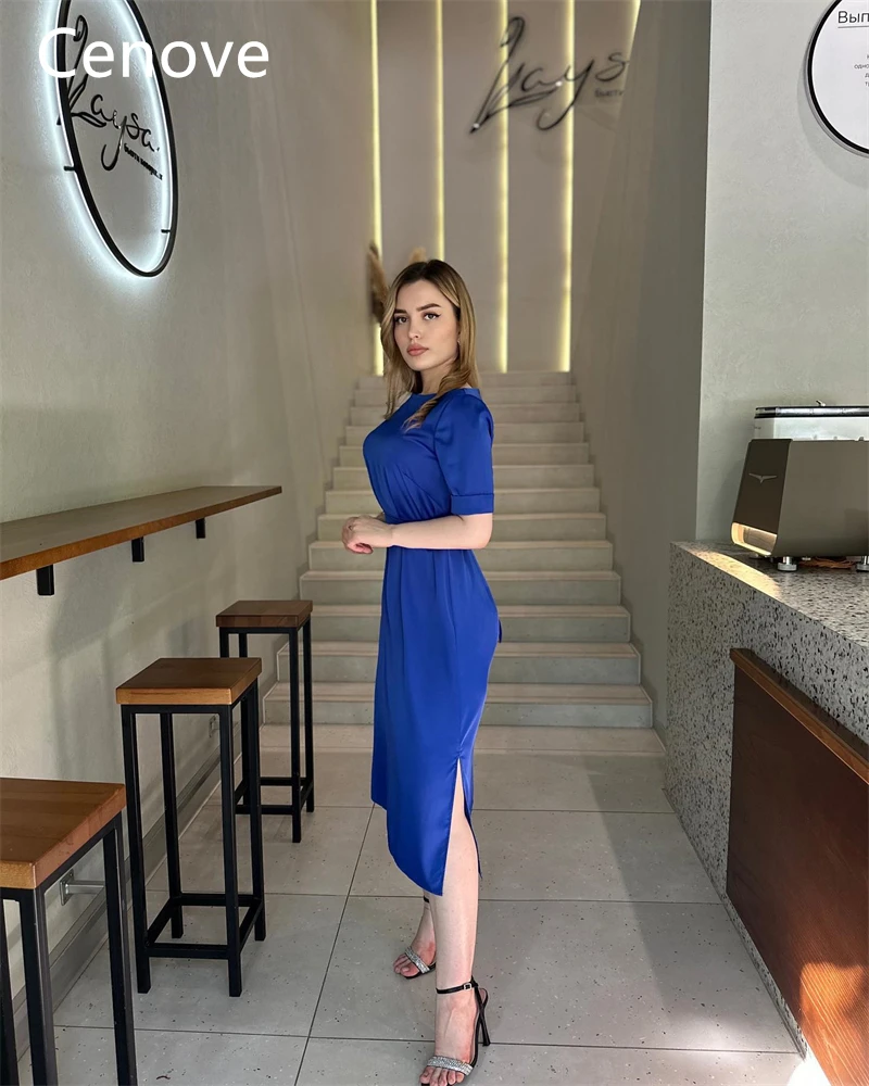 Cenove Blue High Neckline Prom Dress Split Tea-Lengh With Short Sleeves Evening Summer Elegant Party Dress For Women2023