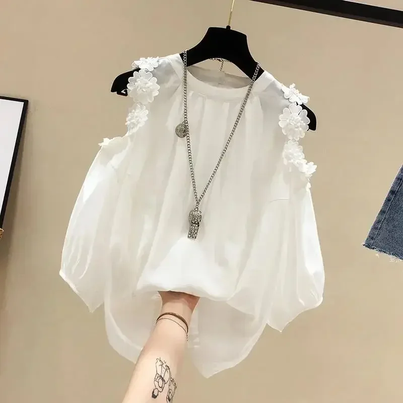 

Yellow Flower Three-dimensional Decoration Raglan Sleeve O-Neck Pullover Women's Blouse Shirt Female Clothing Tops Fashion 2025