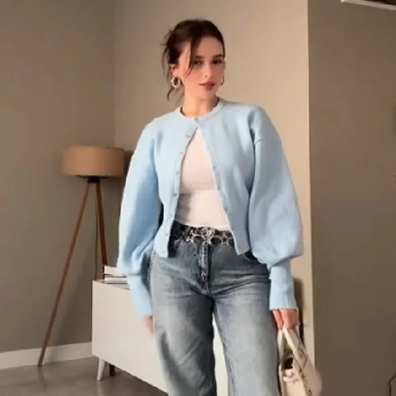 

Повседневные шикарные модные вязаные кардиганы с пышными рукавами и пуговицами, мягкие женские топы, стильная милая привлекательная женская уличная одежда в стиле ретро