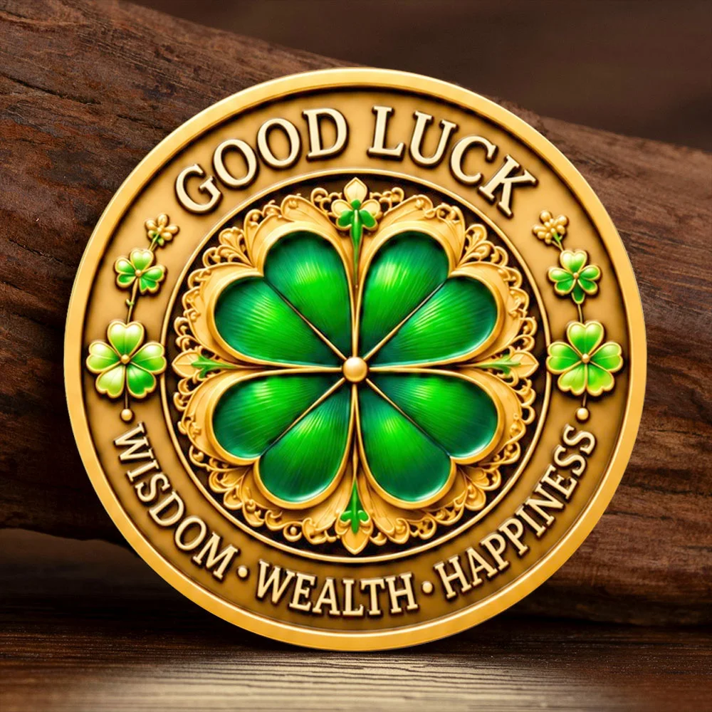 2D Lucky Owl Clover Gold Plated Challenge Coin Good Luck Wisdom Wealth Happiness Metal Collectible Coin Souvenir Gift