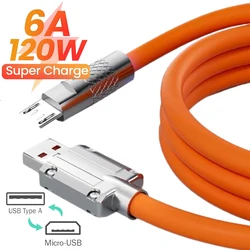 Zinc Alloy Micro USB Mobile Phone Cable Android Fast Charger Data Cord 120W 6A Quick Charging Cables for Samsung Xiaomi Huawei