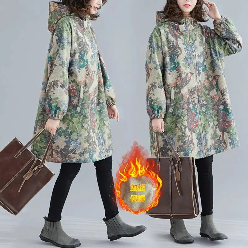 Women's Clothes 2025 Autumn And Winter Retro Thick Velvet Warm Jacket Hooded Printed Zipper Fashion Fleece Windbreaker Coat A732