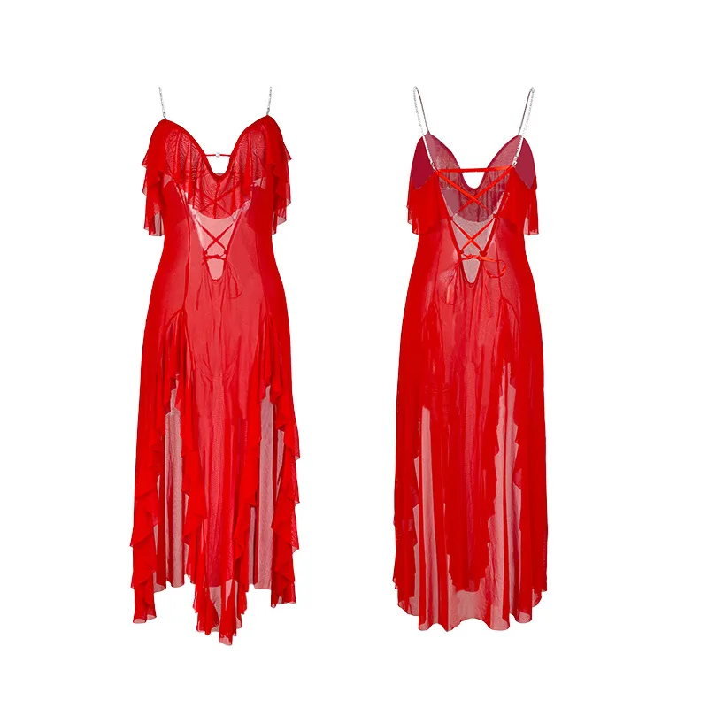 Sexy Women Mesh Sleepwear Nightgown Satin Sleeveless Home Wear Nightwear Irregular Elegant Home Clothes Ruffle Straps Nightie