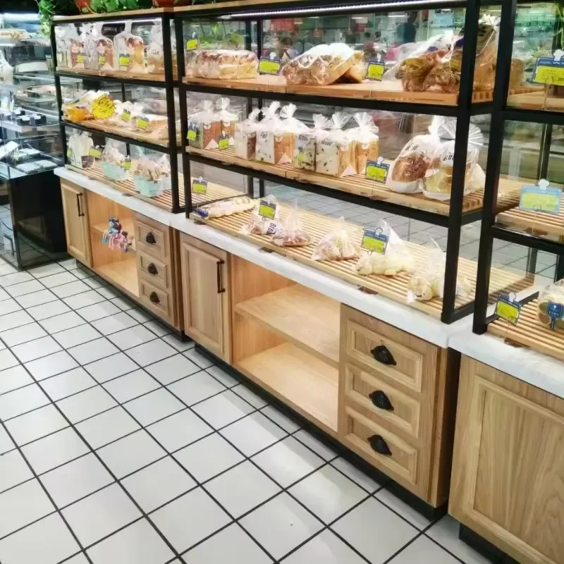 Custom Design Bread Display Cabinet Glass Cabinet Bakery Display Bread Rack Dessert Shop