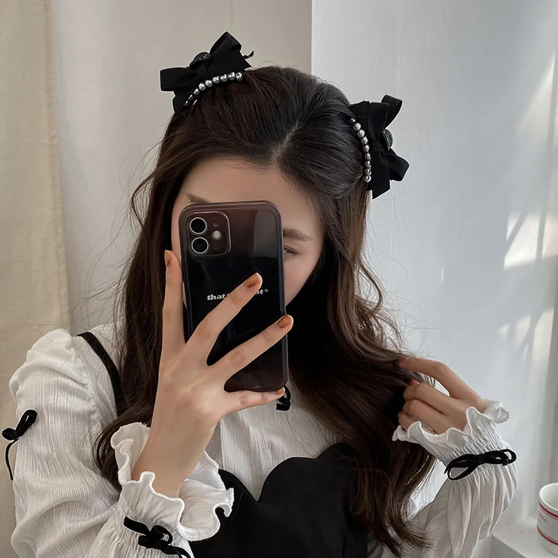 AISHG Korean Pearl Black Bow Hairpin for Women Temperament Design Sense Shark Clip Fashion Versatile Hair Accessories