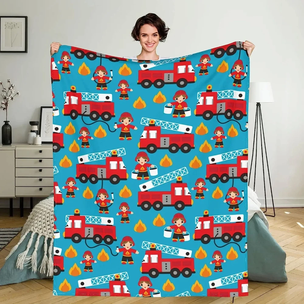 

3d Print Blanket Cartoon Truck Fleece Throw Blanket Set Cartoon Fireman Fire Truck Cozy Plush Warm Lightweight Travel Quilt