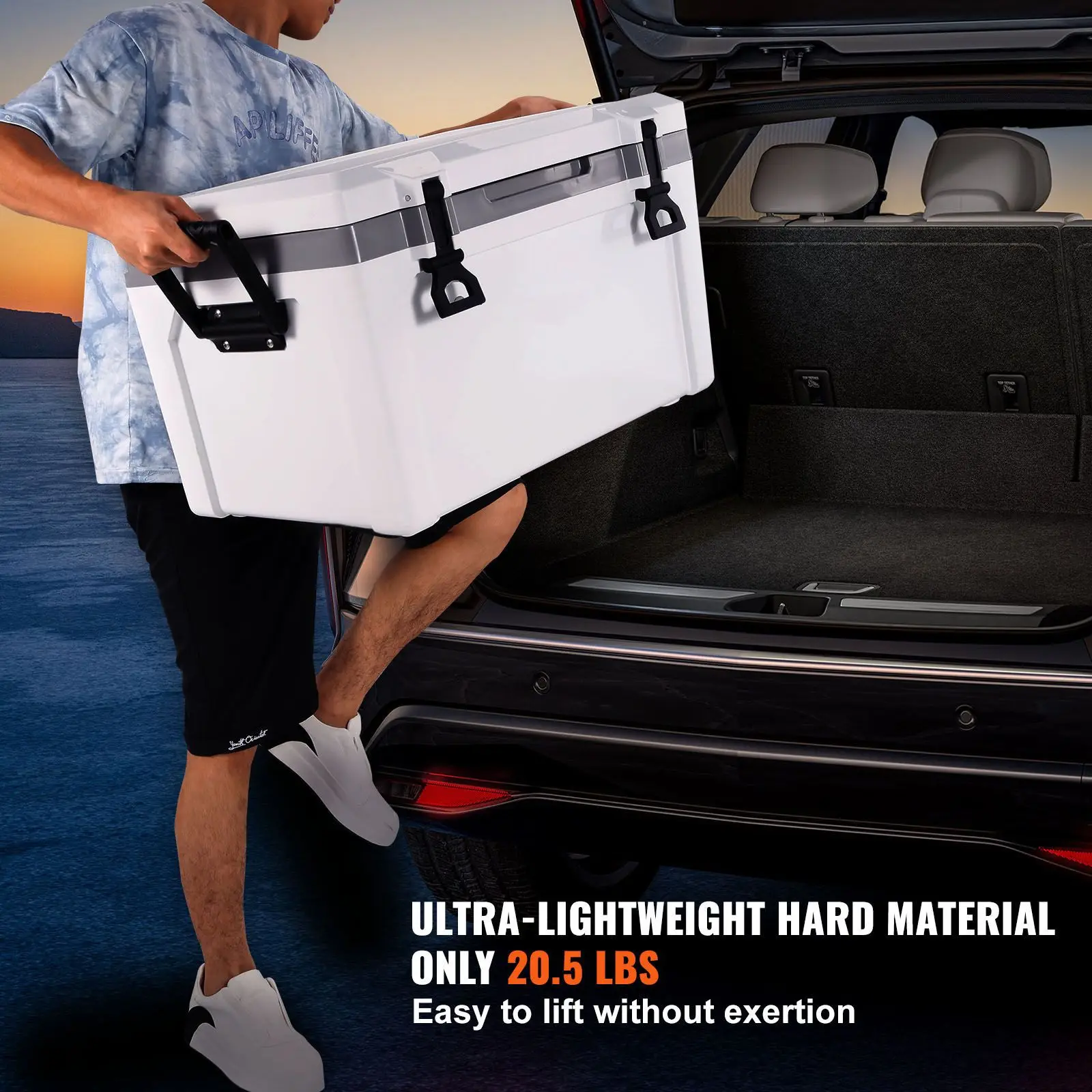 Insulated hard cooler box with heavy-duty handles, durable