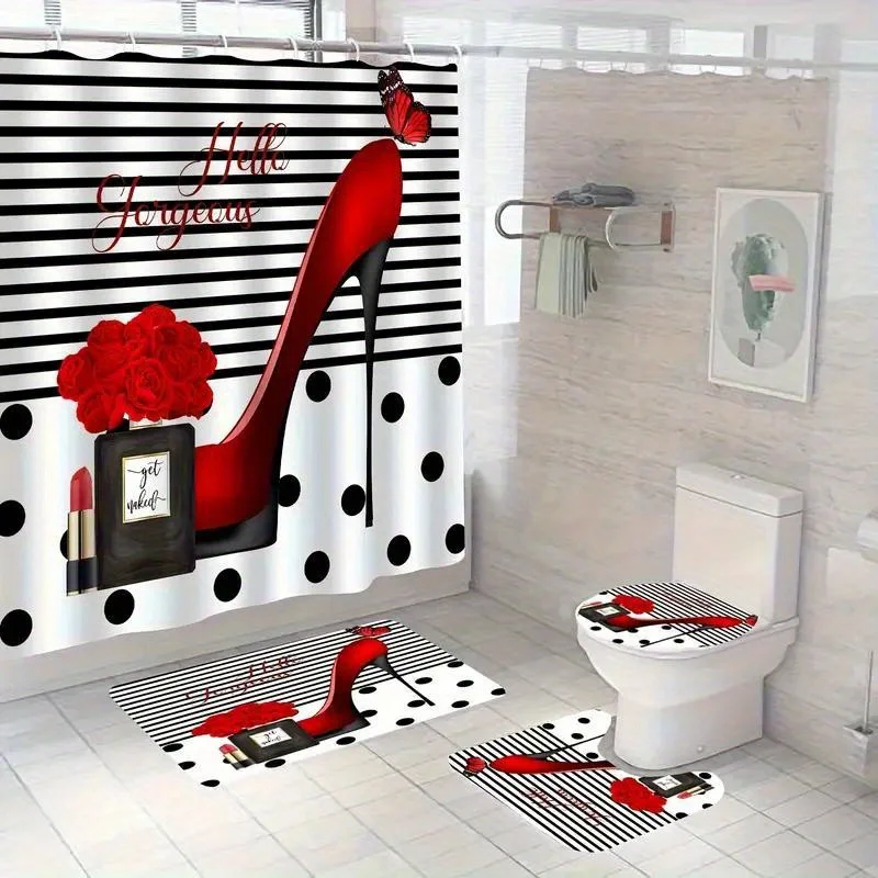 1/3/4pcs of Shower Curtain Set with Non-slip Carpet, Red High Heels and Cosmetics Bathroom Deco