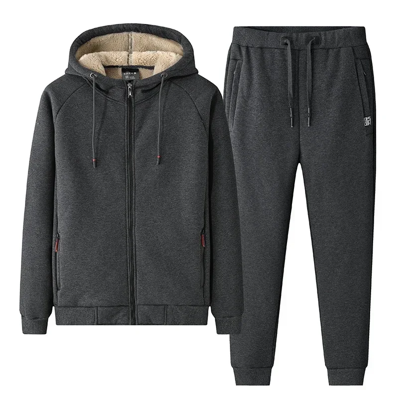 Moletom casual de lã masculino, 2 peças, moletons + calças, conjunto de roupas esportivas de pele, conjunto de inverno quente com capuz