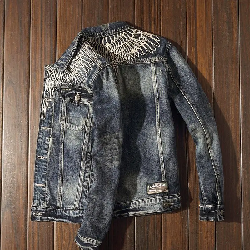 

Vintage Wings Embroidered Denim Jacket Men Luxury Cowboy Retro Spring Autumn Handsome Long Sleeve Jeans Coat Rockin Clothes