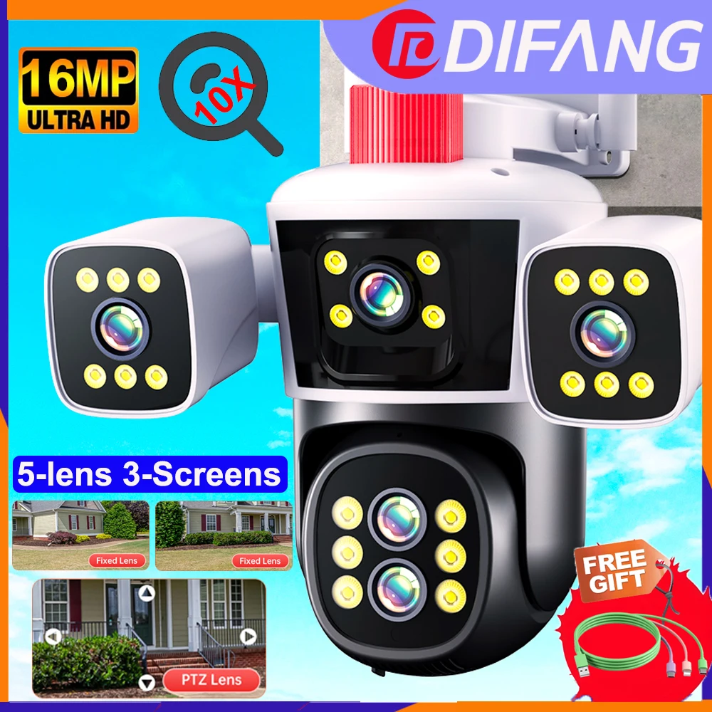 Difang 10X Zoom WiFi outdoor security Camera Four Len Three Screens Two Way Audio Night Vision Wireless CCTV Surveillance Camera