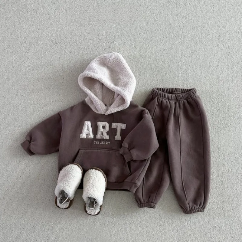 

2025 Winter New Children Plus Velvet Thick Clothes Set Boys Letter Fleece Hooded Sweatshirt + Pants 2pcs Suit Kids Warm Outfits