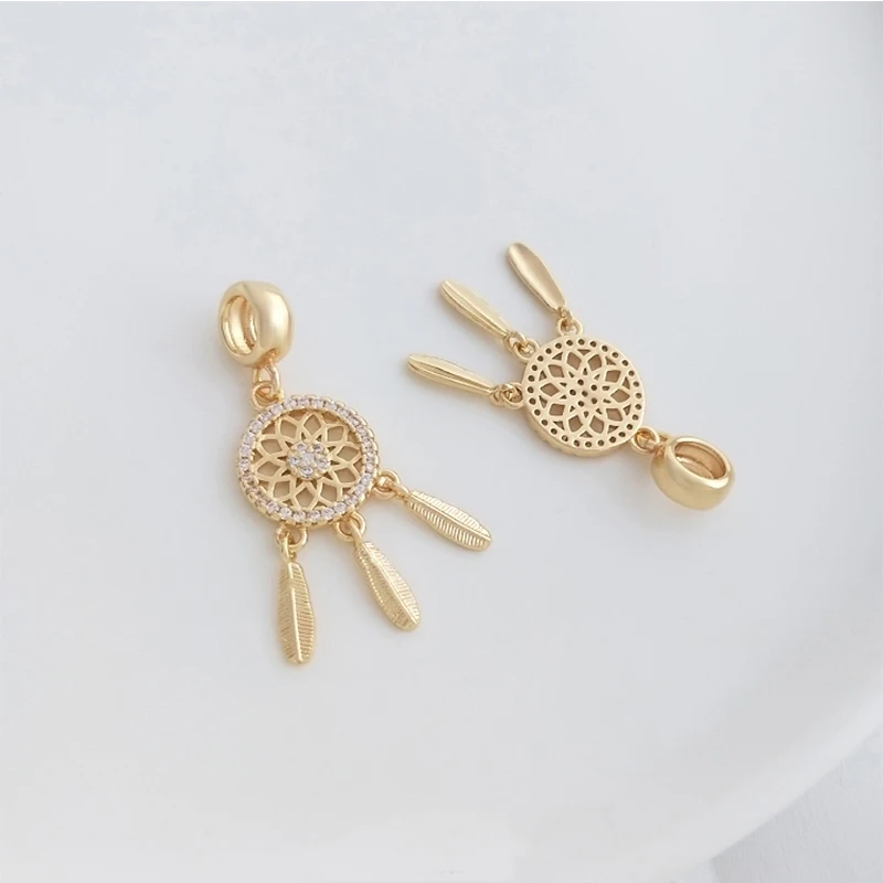 2PCS 11x33mm 14K Gold Plated Inlaid Zircon Dream Catcher Necklace Pendant, Jewelry Making Supplies Diy Accessories