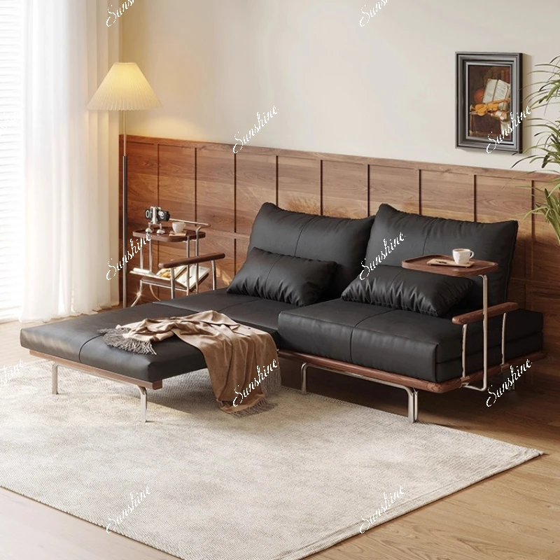 

Black leather mid-style solid wood sofa bed folding dual-purpose small apartment