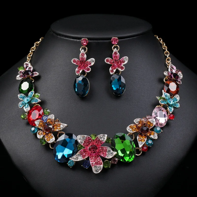 Colorful Oval Gemstone Cluster Necklace Earrings Set Floral Charm Drop Jewelry Vibrant Summer Evening Party Outfit Accessories