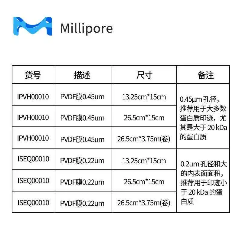 Millipore IPVH00010/ISEQ00010 PVDF membrane pore size 0.45/0.22 μ m size 26.5cm * 3.75m transfer film Immobilon-P roll film