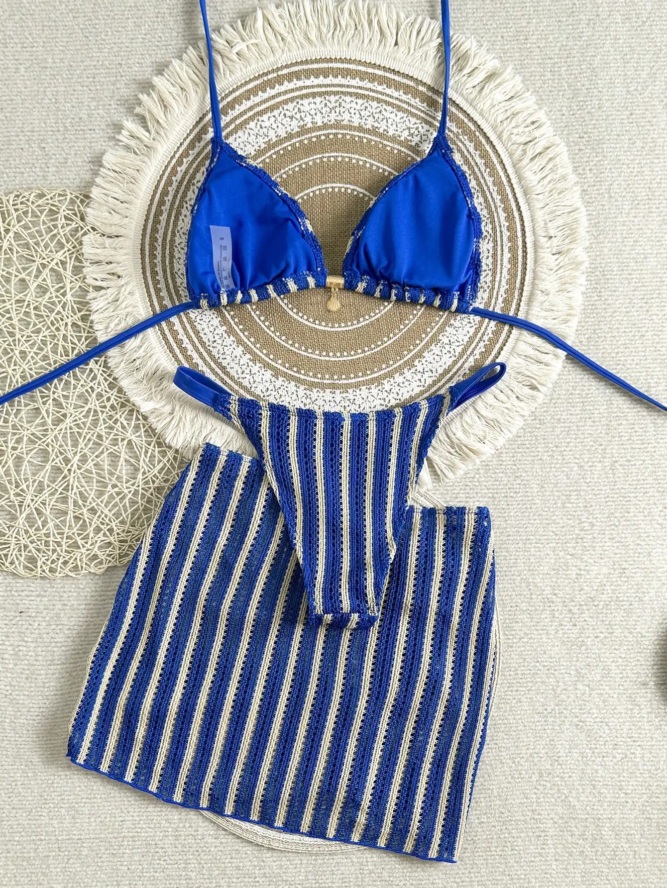 Swim SXY 3pcs Set:Blue Strip Summer Casual Beach Holiday Vacation Knit Jacquard Halter Neck Tie Metallic Pendant Bikini Top & Mini Skirt Cover Up
