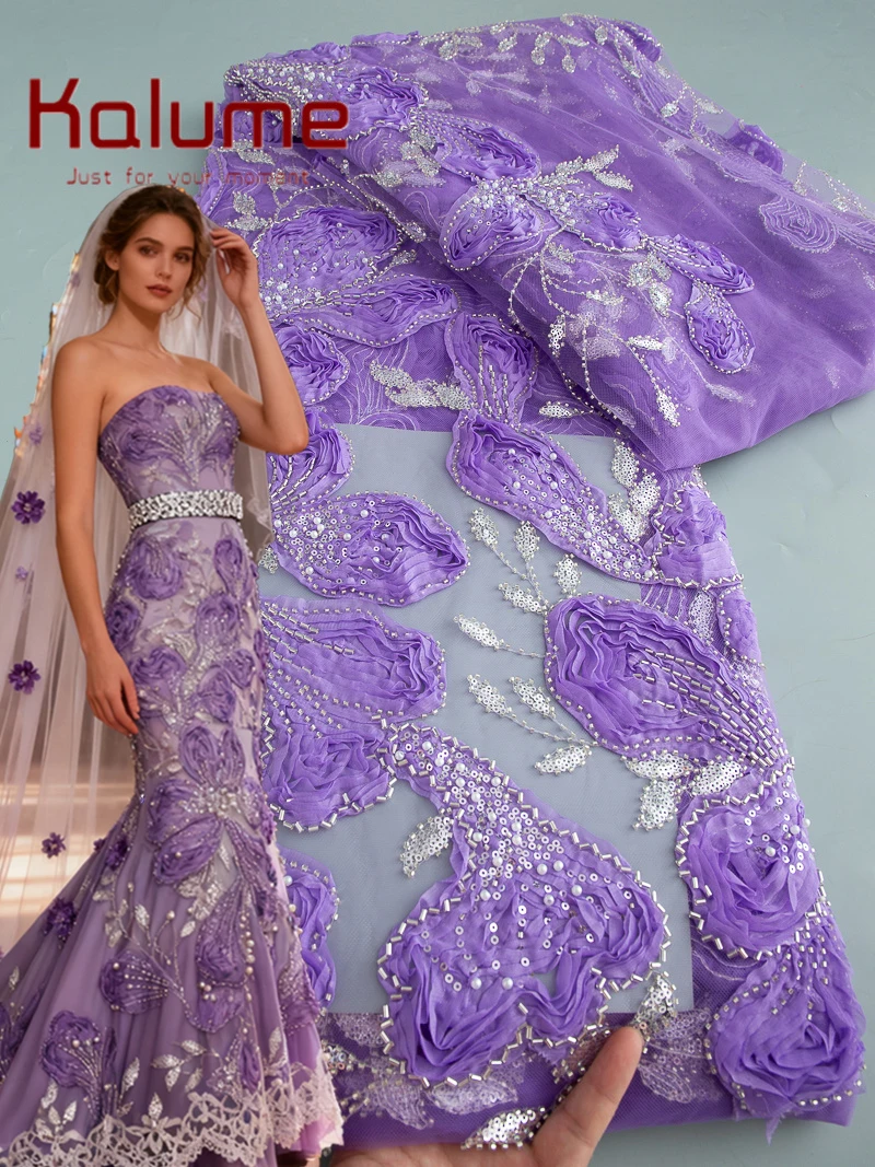 

Kalume Fabric Beaded Lace Bride Wedding 5 Yards French Lace Fabric High Quality 2025 Nigerian Mesh Tull for Women Sewing F4591