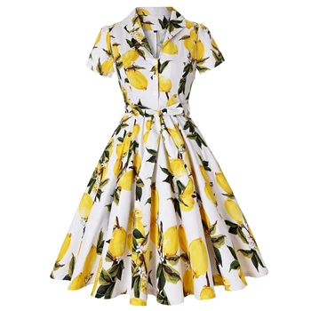New Women Summer Dress Short Sleeve Lemon Printed Dress S-4XL Big Swing Retro Rockabilly Cotton Pin Up Vintage Dress SD0002